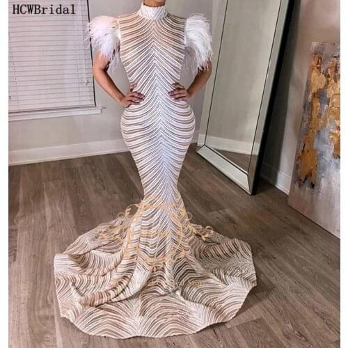 Backless Mermaid Elegant Formal Evening Dress 2021 High Neck Feather Shoulder Sequins Party Prom Evening Gowns Plus Size