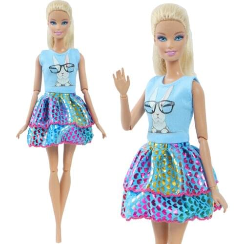 1x Cute Rabbit Summer Mini Dress Blue Skirt Daily Casual Gown Clothes for Barbie Doll Accessories Kid Girl Toy