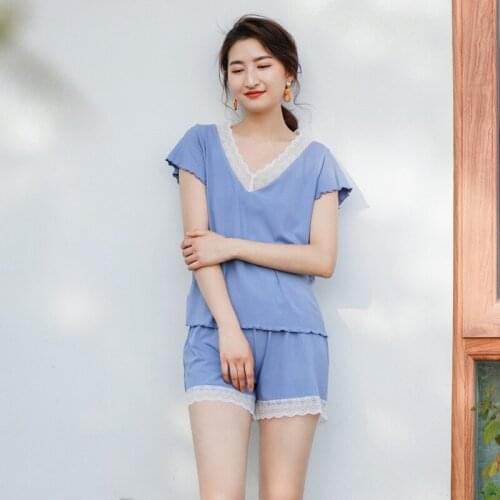 2020 Summer Stripe Modal Pajamas Womens Lace Short-Sleeved 2 Piece Suit V-Neck Shorts Home Clothes Sexy Loungewear Sleepwear