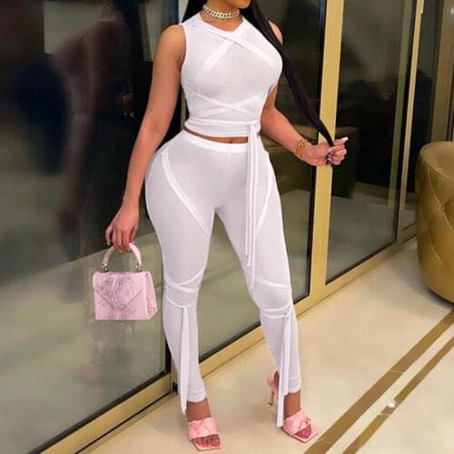 2021 Criss Cross Mesh Sports Set Black&White Mesh Perspective Crop Top High Waist Skinny Long Pants Lace-up Fashion Sexy Casual