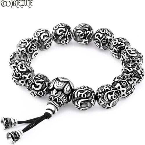 Handmade 990 Silver Tibetan Six Words Proverb Mala Bracelet Buddhist OM Mani Wrist Mala Bracelet Silver Tibetan Mala Bracelet
