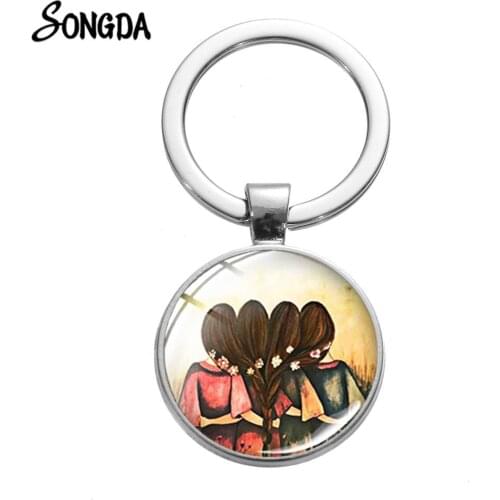 Sisters Best Friends Charm Keychain Sisterhood Art Picture Glass Cabochon Handcrafted Pendant Key Chain Friendship Gift Trinkets