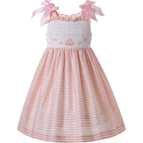 Pettigirl Pink Summer Smocked Dresses For Baby Girl With Ribbon Bow And Pink Strip Birthday Party Kids Clothing