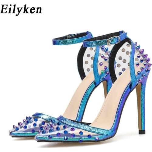 Eilyken 2021 New Sexy PVC Rivet Women Pumps Fashion Shoes Female Ankle Buckle Strap Ladies Party High Heels Shoes