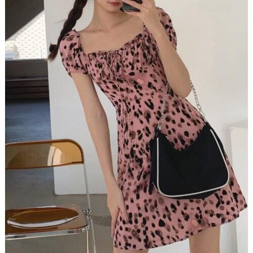 Elegant Lace-up Bow Square Collar Women Dress French Style Chic Pink Leopard Print Short Sleeve Dresses Ladies Summer Mini Dress