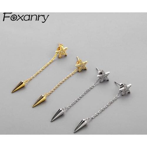 Foxanry Prevent Allergy 925 Sterling Silver Drop Earrings for Women New Tredny Elegant Sweet Star Zircon Tassel Bride Jewelry