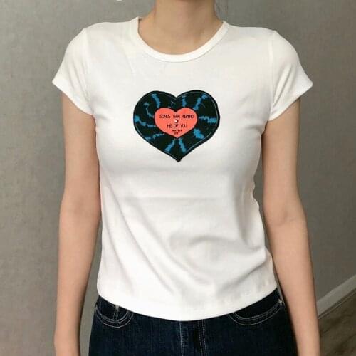 UNUTH Sweet Girls Heart Print O Neck Soft Cotton T-shirt 2021 Summer Fashion Ladies White High Street Tees Female Slim Tops