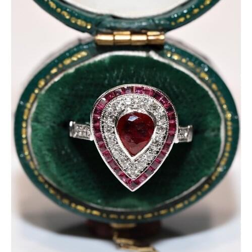 Perfect Platinum Art Deco Natural Diamond and Caliber Ruby Stone Decorated Drop Style Strong Ring