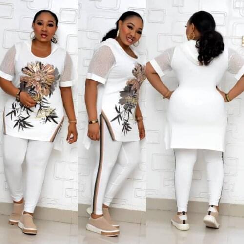 Two Piece Set Africa Clothes African New Dashiki Fashion Flower Print Suit Top Trousers Super Elastic Party For Women Outfits