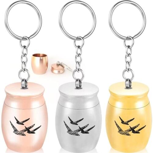 Angel Wings 3 Birds Cremation Urn Keychain Rose Gold Tone Cylinder Jar Keepsake Memorial Ashes Jewelry with Spoon Filling Kits