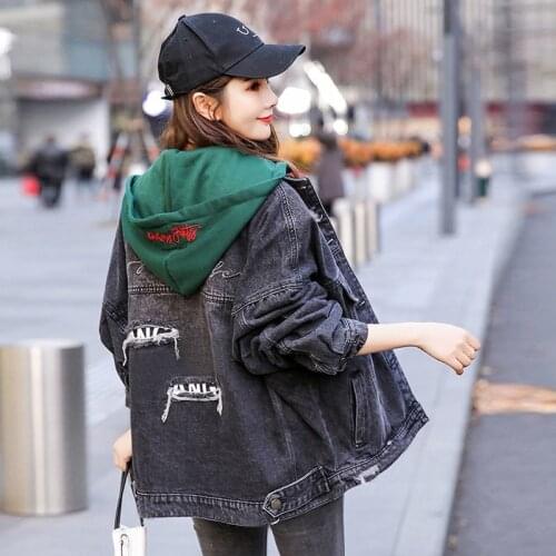 Vintage Letter Embroidery Loose Denim Hooded Jacket For Women Boyfriend Ripped Black Jean Coat Female Fashion Streetwear