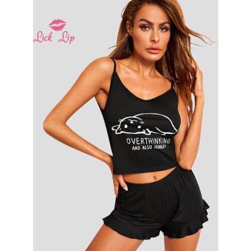 Lick Lip Solid Cotton Sling Ladies Pajamas Set Thin Section Cartoon Pattern Sleepwear Comfort Breathable Home Wear SWD12635-30