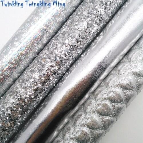 Twinkling Twinkling Ming Silver Chunky Glitter Leather Fabric Smooth Iridescent Synthetic Vinyl Faux Leather Fabric21X29CM KM515