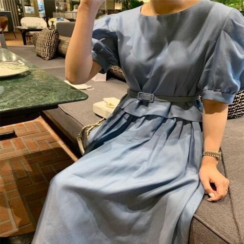 Sweet Temperament Puff Sleeve Long Dress with Belt