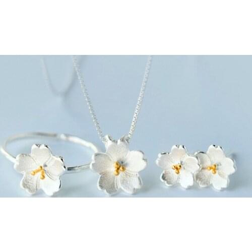 Cute Female Flower Wedding Jewelry Set Charm Gold Silver Color Stud Earrings For Women Cute Bridal Chain Necklace Open Ring