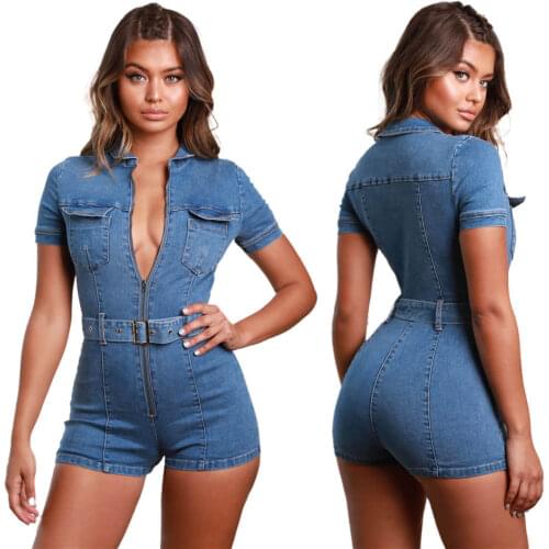 2021 new fall European and American sexy stretch zipper denim jumpsuit
