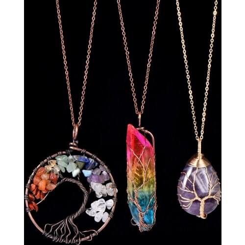 New Tree of Life Necklace & Pendant Rainbow Crystal Natural Stone Handmade Wire Wrapped Water Drop Shaped Reiki Healing Jewelry