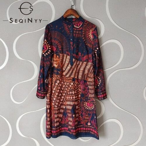 SEQINYY Summer Vintage Dress Women Red Navy Flower Print 100% Cotton Loose High Quality New Fashion Design