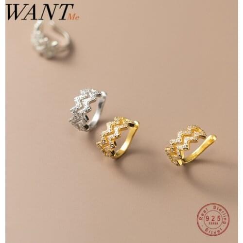 WANTME 925 Sterling Silver Bohemian Unique Wave Without Piercing Ear Clips Earrings for Women Pave Zircon Gold Ear Cuff Jewelry