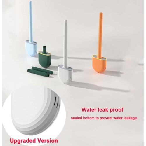 Toilet Brush Water Leak Proof With Base Silicone WC Flat Head Flexible Soft Bristles Brush with Quick Drying Holder Set
