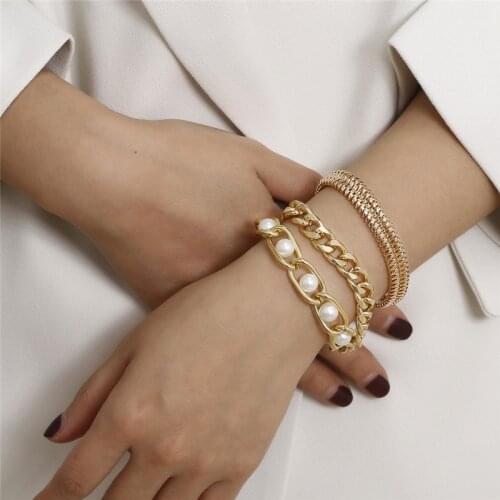 3Pcs/Lot Punk Thick Bracelet Bangle Chunky Heavy Metal Imitation Pearl Bracelet Wrist Chain Jewelry