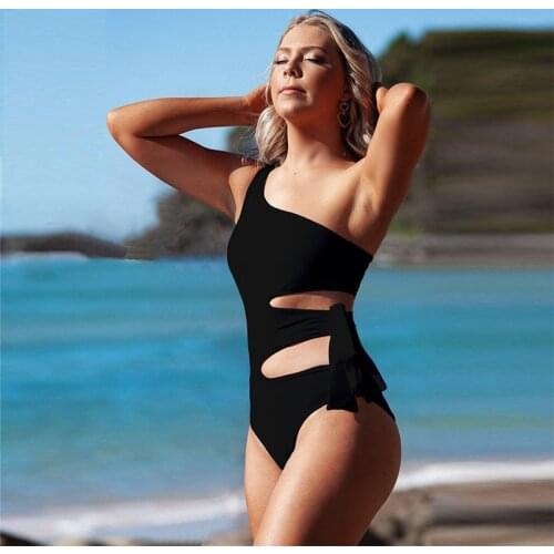 Swimwear Women 2020 New One Piece Solid Bandage Swimsuit Sexy High Cut Monokini Hollow Out Biquini One Shoulder Bathing HBT1044