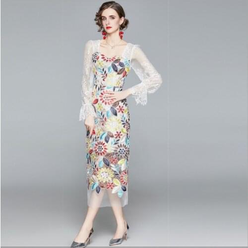 New Womens Clothing For Spring Dresses 2021 V-neck Lady Flared Sleeve Embroidery Hip Skirt Long One-step Skirts Sexy Slim Dress