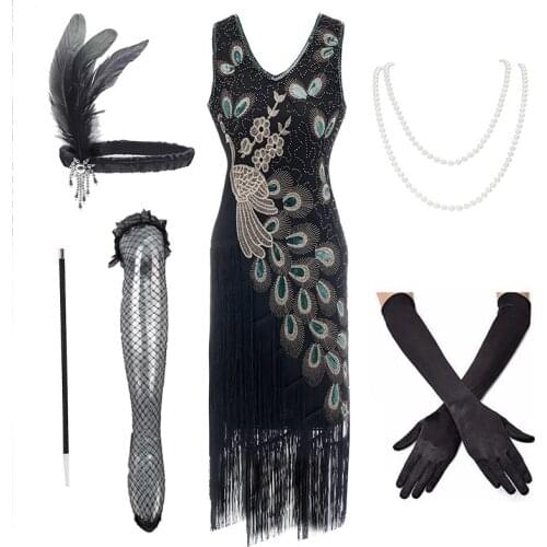1920s Vintage Peacock Sequined Womens Fashion Dress Gatsby Fringed Flapper Dress Roaring 20s Party Dress