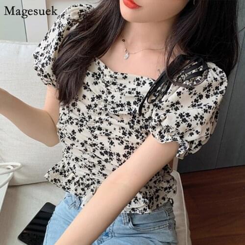 2021 Summer Sling Print Chiffon Shirt Women Vintage Puff Short Sleeve Floral Blosue Women Sexy Square Collar Top Female 14416
