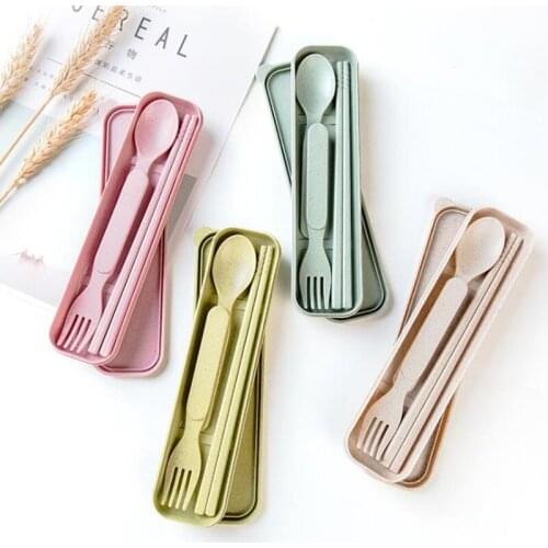50sets Wheat Straw Spoon Fork Chopsticks Portable Three-piece Kitchen Gadgets Baby Shower Children Party Gifts NO408