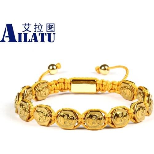 Ailatu Mens Bracelet Hexagon Hematite Stone Skull Skeleton Macrame Bracelets 10pcs/lot 10mmx10mm Top Quality Mix Colors