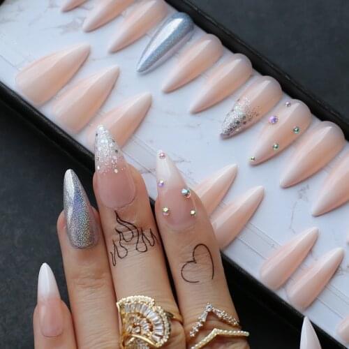 Glitter ombre Stiletto baby ombre nude Fake nails AB hologram Fasle nails Press on nail crystal nails tip gift box