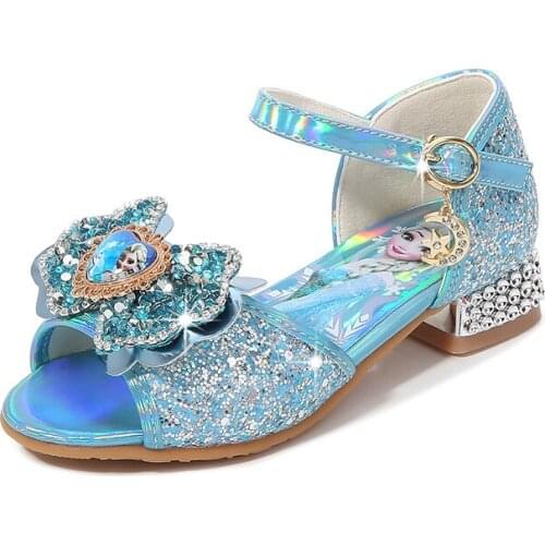 Disney Frozen Princess Kids Leather Sandals for Girls Glitter Children High Heel Girls Shoes Butterfly Knot Blue Pink Silver