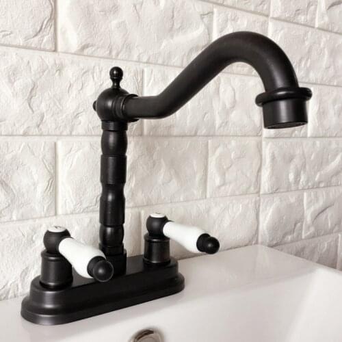 Black Oil Rubbed Bronze 4" Centerset Bathroom Sink Faucet Swivel Basin Mixer Tap Dual Ceramic Handles Levers mhg068