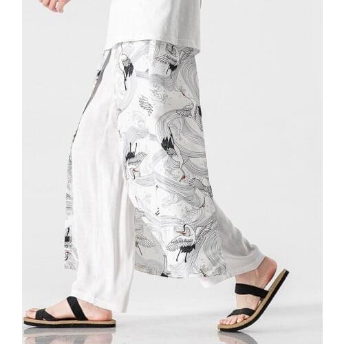 Fashion Men Wide Leg Pants Streetwear Mens Harem Pants Cotton Linen Chinese Style Sweatpants Male Leisure Large Size M-5XL