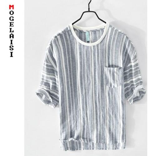 New Summer men t shirt casual linen cotton short sleeve O neck Striped T-shirt man clothing blue tops tshirt Asian size Z520