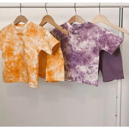 7 Colors 2Pcs Set Baby Girls Clothes Set Tie-Dye Print Round Neck Short Sleeve T-Shirt+Shorts Pants Summer Suit