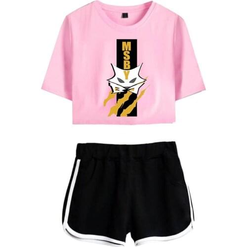 Hot Anime Haikyuu!! Exposed Navel pink T-shirt+Black shorts womens two-piece sets Black Wolf MSBY girls Summer two-piece Suits