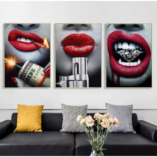 Blood Red Lips Sexy Lip With Gun And Money Fashion Canvas Art Painting Modern Wall Decor Poster And Prints For Room Decor