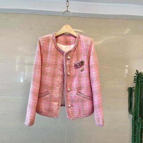 Autumn Winter Palid Tweed Jackets Women O-Neck Vintage Pink Jacket Elegant Slim Long Sleeve Wool Outwear Single Breasted A503