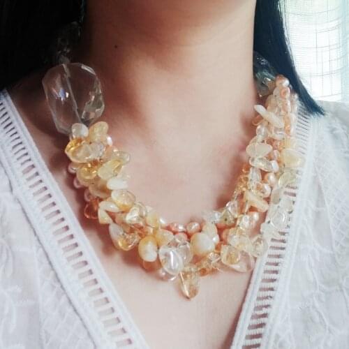 Lii JI Real Stone Yellow Necklace Citrine Pearl Crystal Statement Big Necklace 54cm Women Jewelry Party Gift