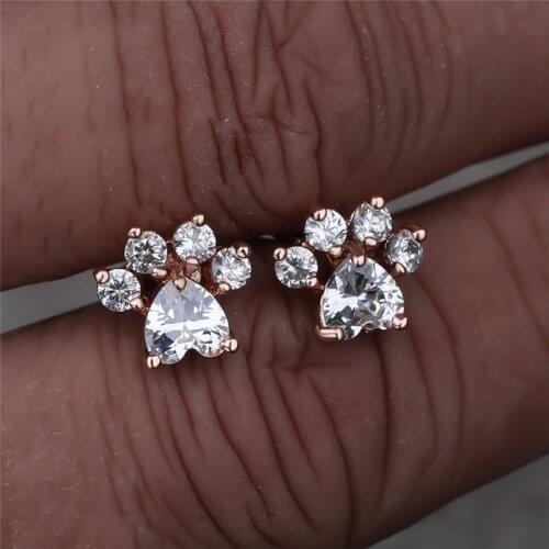 Cute Cat Paw Screw Back Stud Earrings Elegant Pink White Heart Zircon Wedding Earrings Dainty Rose Gold Color Earrings For Women