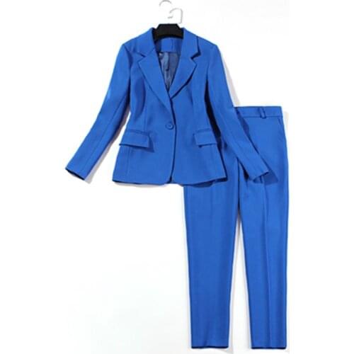 Fashion Suit Suit female spring fall New Large size Leisure Business professional blue suit jacket + pants Two-piece set women