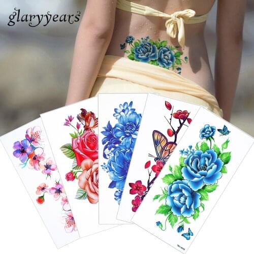 Glaryyears 1 Sheet Colored Drawing Flower Body Tattoo Vitality Temporary Waterproof Rose Peony Tattoo Sticker for Women Back Art