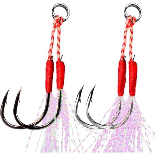 5pcs/Set Sharp High Carbon Steel Fishing Assis Hooks Glow Slow Jigging Jig Hooks With Feather Strong Double Fishing Assist Hooks