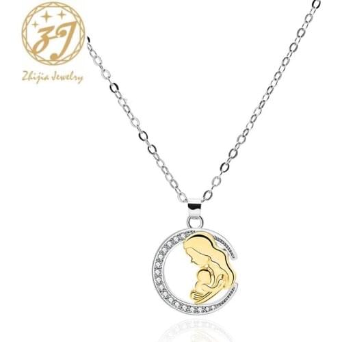 Zhijia golden crystal rhinestone family love mom daughter son embrace pendant necklace for women mothers day gifts