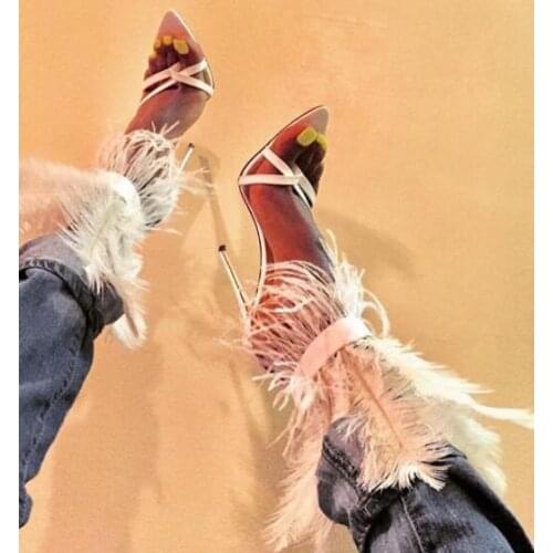 Drop Shipping Hot Woman Orange Pink White Black Feather Sandals 120 mm Stiletto Heels Party Clip Toe Fashion Sandals Shoes