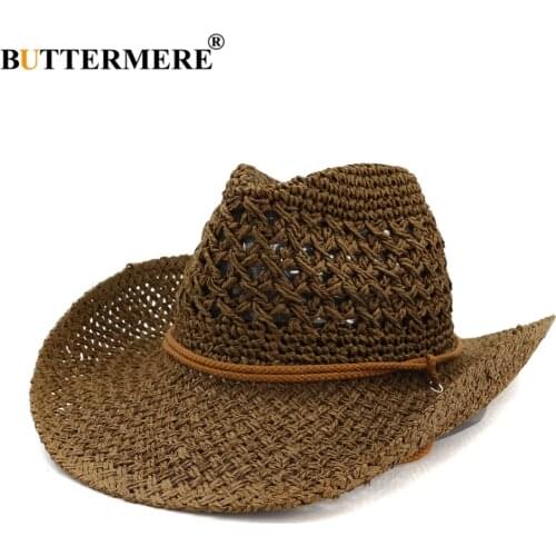 BUTTERMERE Western Cowboy Hat Women Sun Hat Cowgirl Summer Hats for Men Hollow Out Lady Straw Hat Brown Beach Cap Panama