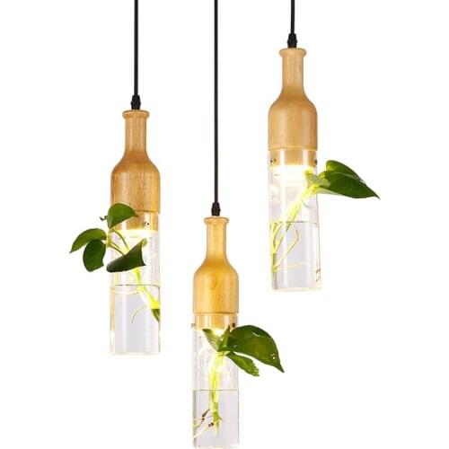 Modern LED Plant Pendant Lights Wood Glass Bottle Lustres Luminaire Industrial E27 Cafe Shop Decor Hanging Lamp Lampara Lighting