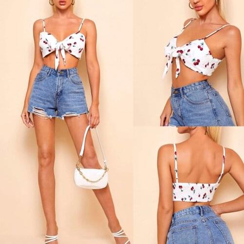 2021 New Womens Bow Knot Front Camisole, Sexy V Neck Spaghetti Strap Cherry Print Crop Cami Tops Summer Fashion